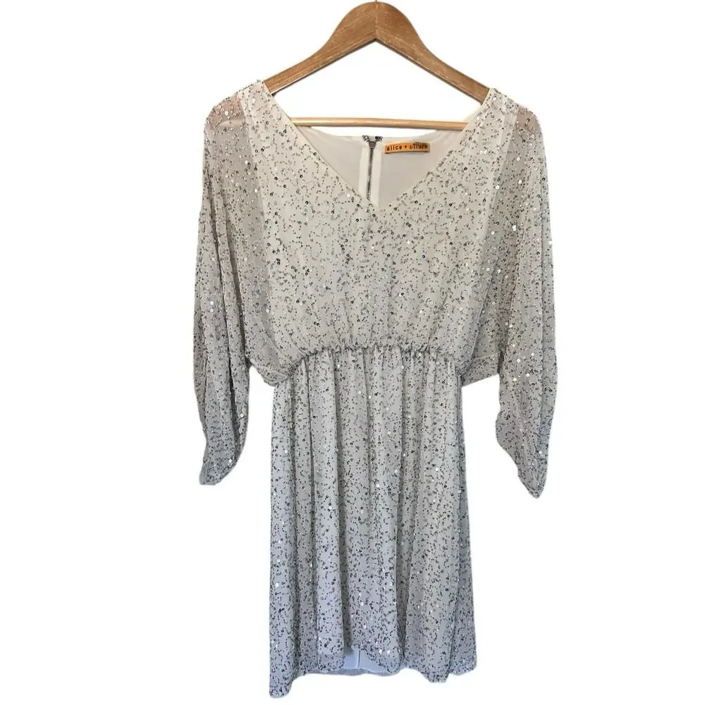 Alice + Olivia Sequin Cocktail Dress White, Silver, Gold, Medium 3/4 Sleeves L - Picture 4 of 8